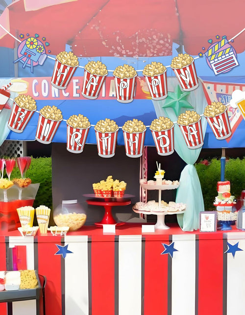 Load image into Gallery viewer, JIVELER Popcorn Happy Birthday Banner Movie Night Theme Multi-color Garland
