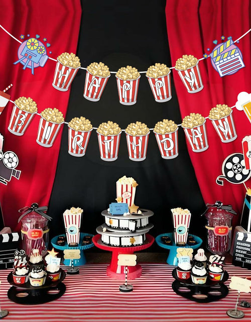 Load image into Gallery viewer, JIVELER Popcorn Happy Birthday Banner Movie Night Theme Multi-color Garland
