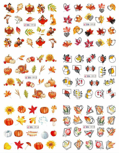 Load image into Gallery viewer, YEFIUO Fall Winter Maple Leaf Pumpkin Nail Art Stickers Water Transfer 12 in 1
