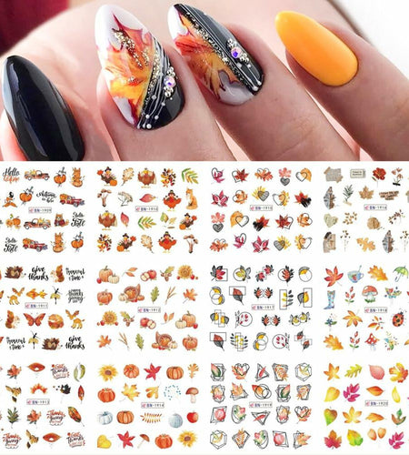 YEFIUO Fall Winter Maple Leaf Pumpkin Nail Art Stickers Water Transfer 12 in 1