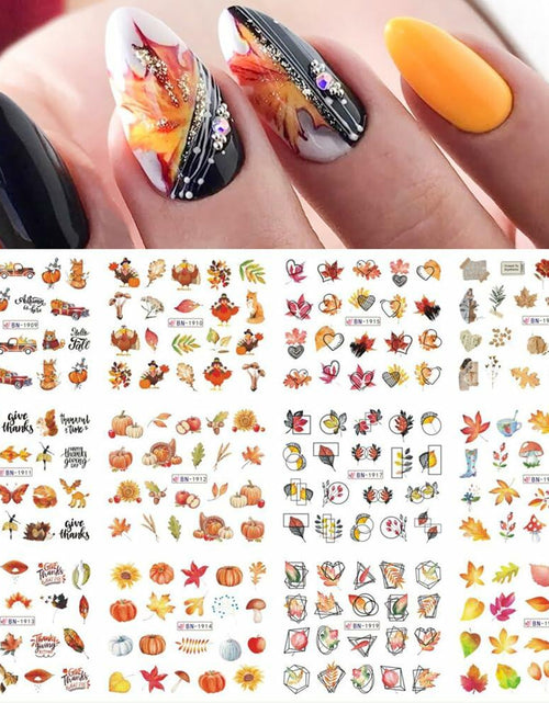 Load image into Gallery viewer, YEFIUO Fall Winter Maple Leaf Pumpkin Nail Art Stickers Water Transfer 12 in 1
