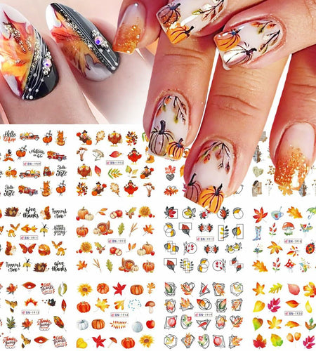 YEFIUO Fall Winter Maple Leaf Pumpkin Nail Art Stickers Water Transfer 12 in 1