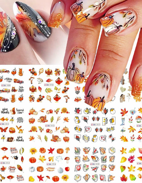 Load image into Gallery viewer, YEFIUO Fall Winter Maple Leaf Pumpkin Nail Art Stickers Water Transfer 12 in 1
