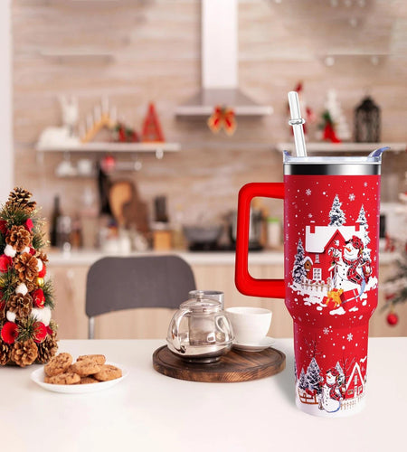 aiwkjdns 40oz Stainless Steel Merry Christmas Tumbler Handle Straw Red Snowman