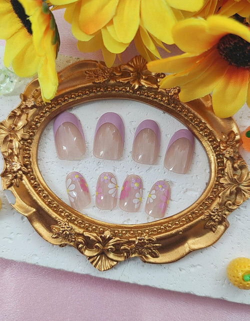 Load image into Gallery viewer, YOJIATOP Summer Press On Nails Short Oval Flower Design Purple Nude 24Pcs

