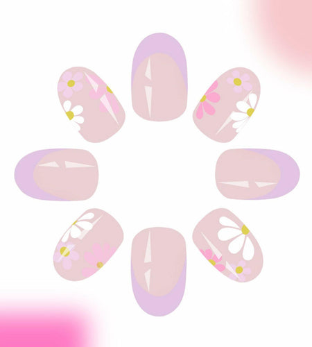 YOJIATOP Summer Press On Nails Short Oval Flower Design Purple Nude 24Pcs