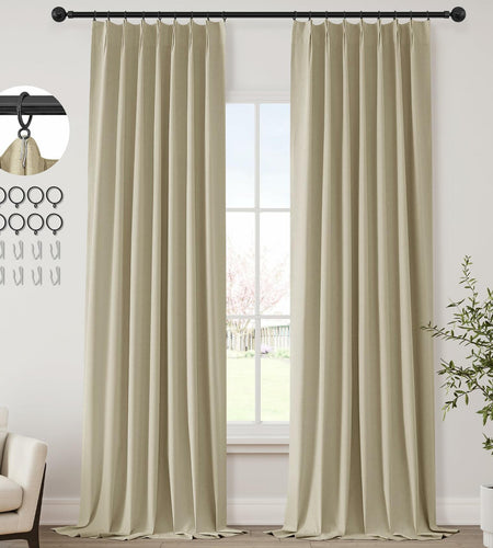 ChrisDowa Pinch Pleated Blackout Linen Curtains 40x102in Greyish Beige 2 Panels