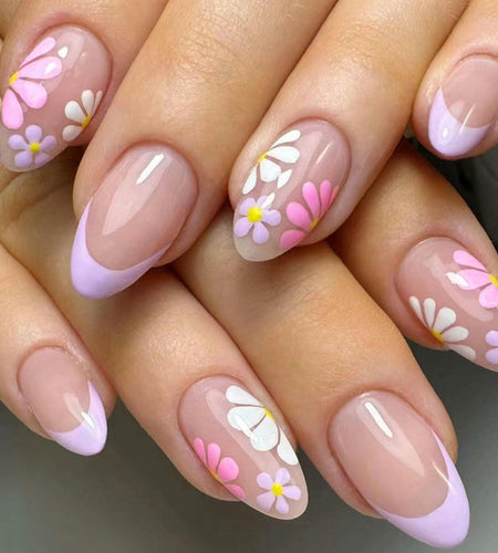 YOJIATOP Summer Press On Nails Short Oval Flower Design Purple Nude 24Pcs