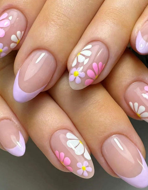 Load image into Gallery viewer, YOJIATOP Summer Press On Nails Short Oval Flower Design Purple Nude 24Pcs
