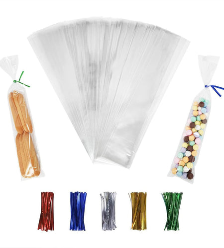 XLSFPY 100 Clear Treat Bags 2x10in with 4in Twist Ties 1.4 mil Thick