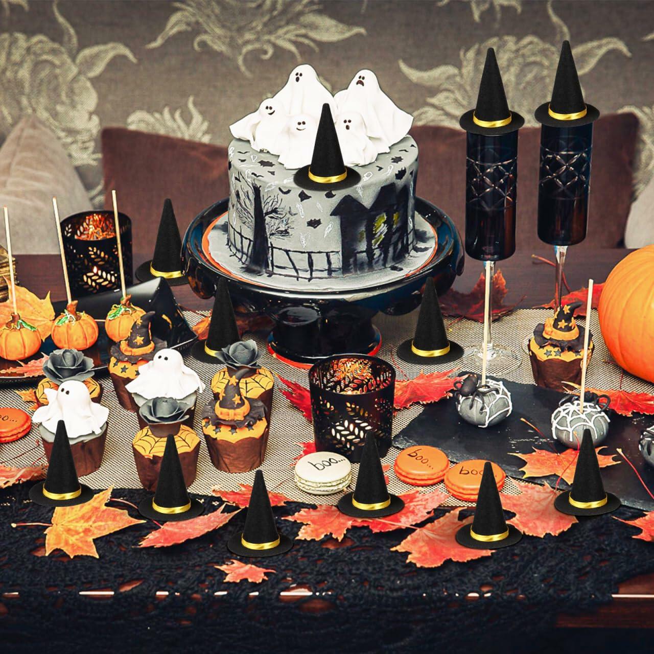 BESTOYARD 48 Pcs Halloween Mini Witch Hats Black Felt Party Favors Decor