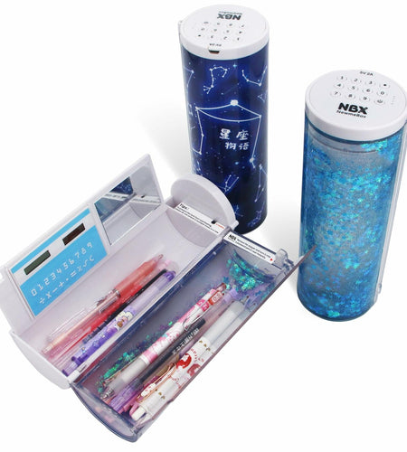 NBX NewmeBox Quicksand Pencil Case with Calculator & Mirror Purple Sakura Night