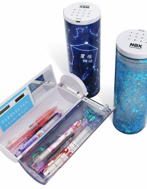 Load image into Gallery viewer, NBX NewmeBox Quicksand Pencil Case with Calculator &amp; Mirror Purple Sakura Night
