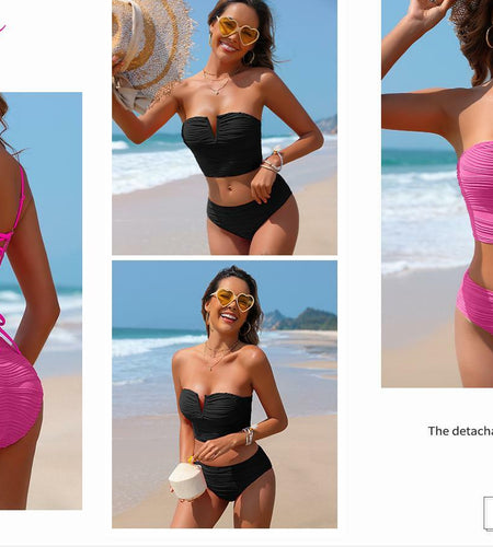 ZAFUL Women's Strapless High Waisted Push Up Bikini Set Hot Pink Size S