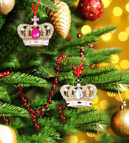 GROWTHMAGIC Pink Metal Crown Christmas Ornaments with Rhinestones Xmas Decor