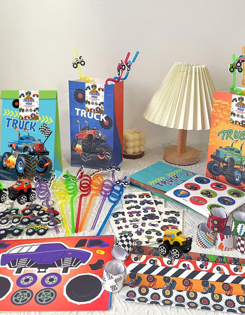 Load image into Gallery viewer, XIPEGPA Truck Party Favors Set - Keychains Slap Bracelets Stickers Straws
