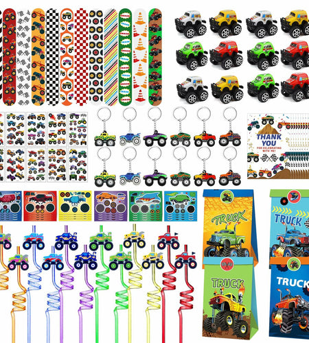 XIPEGPA Truck Party Favors Set - Keychains Slap Bracelets Stickers Straws