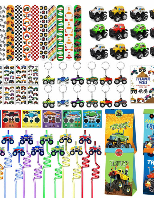 Load image into Gallery viewer, XIPEGPA Truck Party Favors Set - Keychains Slap Bracelets Stickers Straws
