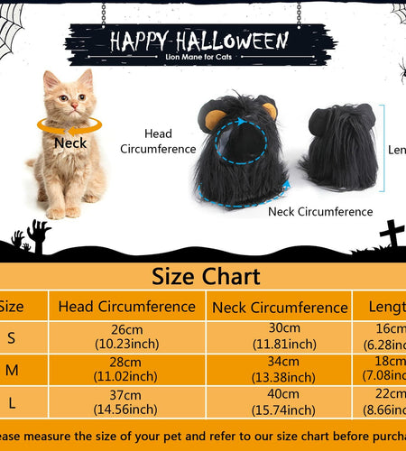ITESSY Cat Halloween Costume Black Lion Mane Wig Hat Size S