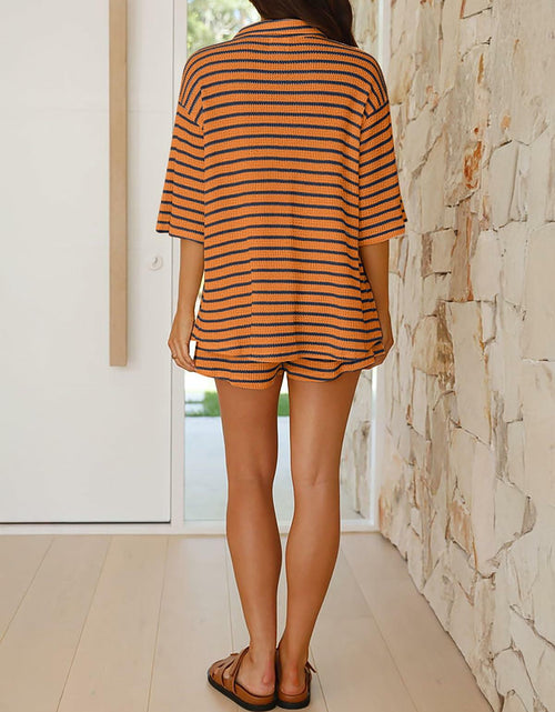 Load image into Gallery viewer, BWQ Women’s 2pc Knit Striped Button Shirt &amp; Drawstring Shorts Set Orange S
