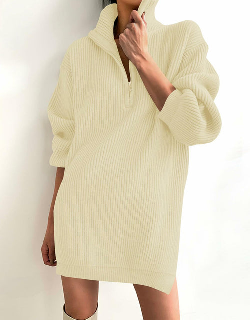 Load image into Gallery viewer, ZESICA Womens Sweater Dress Long Sleeve Quarter Zip V Neck Cream Size L
