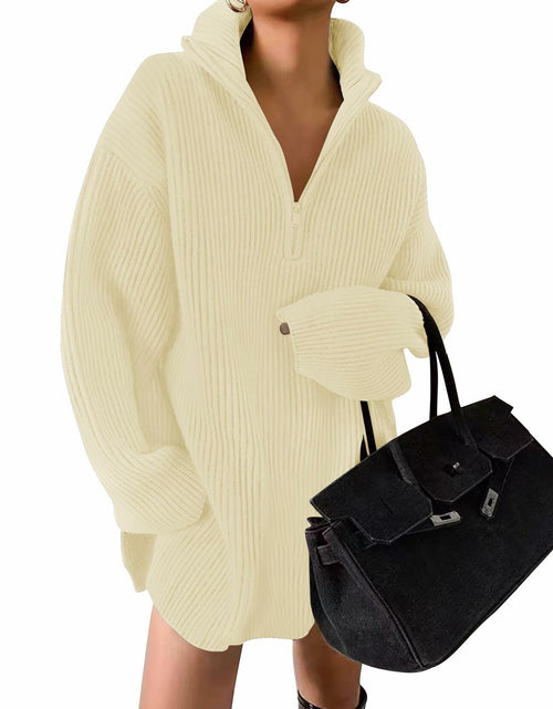 Load image into Gallery viewer, ZESICA Womens Sweater Dress Long Sleeve Quarter Zip V Neck Cream Size L
