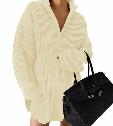 ZESICA Womens Sweater Dress Long Sleeve Quarter Zip V Neck Cream Size L