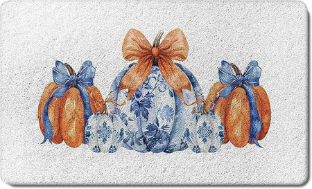 TopXmai Chinoiserie Pumpkin Door Mat 17x30 Blue White Orange Indoor Outdoor