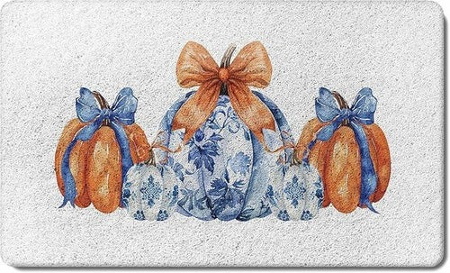 Load image into Gallery viewer, TopXmai Chinoiserie Pumpkin Door Mat 17x30 Blue White Orange Indoor Outdoor
