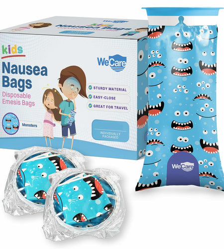 WECARE Kids Vomit Bags 5 Pack Disposable Leak Proof Self Sealing Monster Print