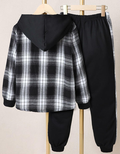 Load image into Gallery viewer, FERWANG Boys 2PC Plaid Hoodie &amp; Jogger Set Black Size 5-6 Years
