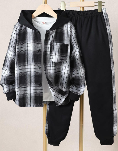 Load image into Gallery viewer, FERWANG Boys 2PC Plaid Hoodie &amp; Jogger Set Black Size 5-6 Years
