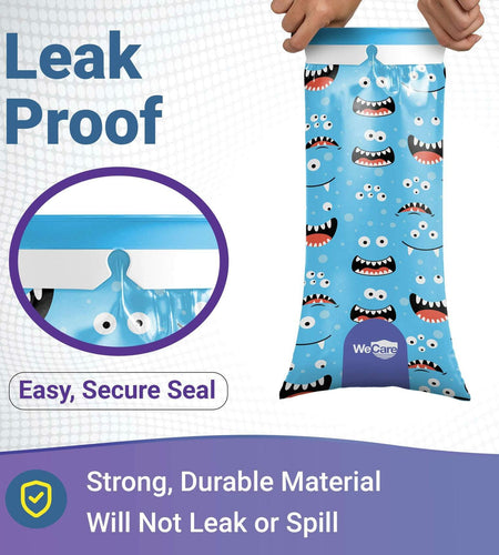 WECARE Kids Vomit Bags 5 Pack Disposable Leak Proof Self Sealing Monster Print