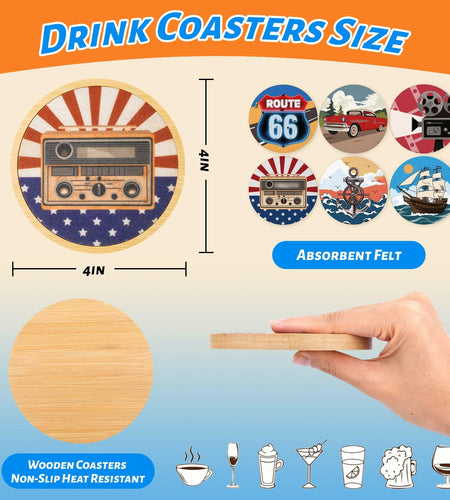 Leokawin Wood Coasters Set of 6 4 Inch Vintage Brown Drink Absorbent