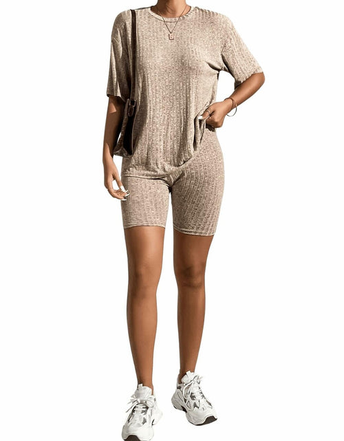 Load image into Gallery viewer, WDIRARA Women's Ribbed Half Sleeve Tee &amp; Biker Shorts Set Khaki Size S
