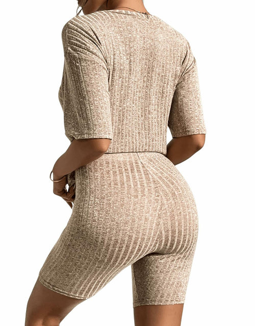 Load image into Gallery viewer, WDIRARA Women's Ribbed Half Sleeve Tee &amp; Biker Shorts Set Khaki Size S
