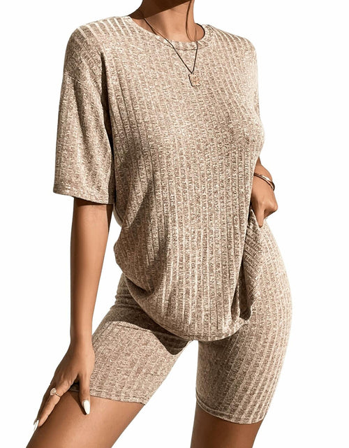 Load image into Gallery viewer, WDIRARA Women's Ribbed Half Sleeve Tee &amp; Biker Shorts Set Khaki Size S
