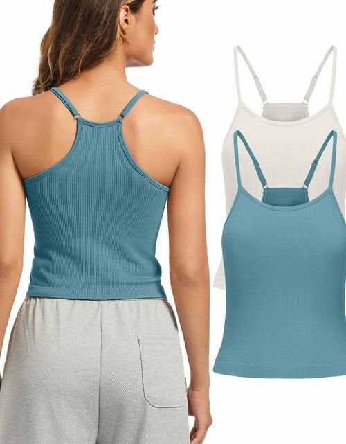 Load image into Gallery viewer, OVESPORT 2 Pack Women’s Workout Tank Tops Built-In Bra Blue/White S
