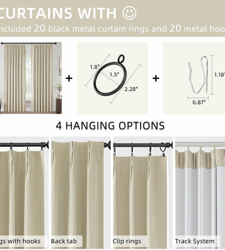 ChrisDowa Pinch Pleated Blackout Linen Curtains 40x102in Greyish Beige 2 Panels