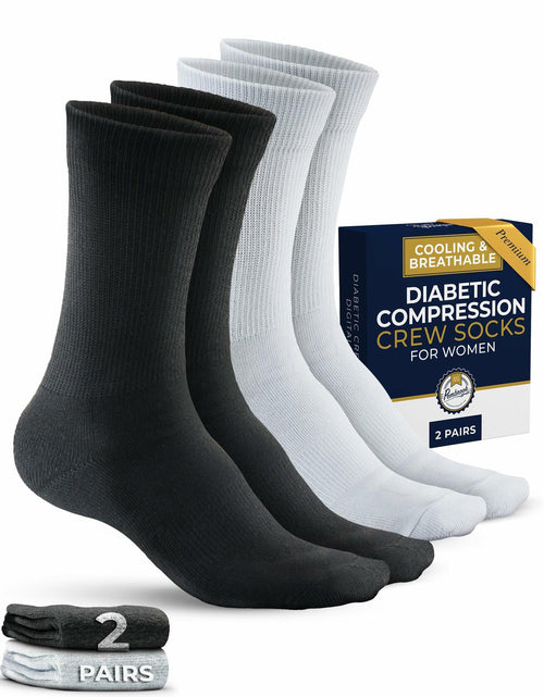 Load image into Gallery viewer, Pembrook Diabetic Compression Crew Socks Women 2 Pairs Black/White Size L

