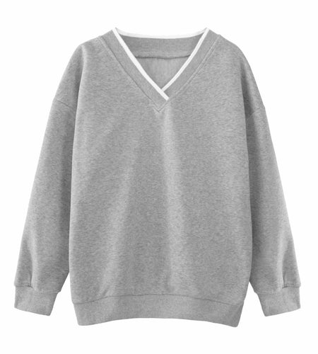Hilinker Womens V Neck Oversized Sweatshirt Long Sleeve Grey Size S