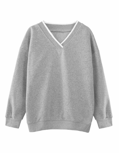 Load image into Gallery viewer, Hilinker Womens V Neck Oversized Sweatshirt Long Sleeve Grey Size S

