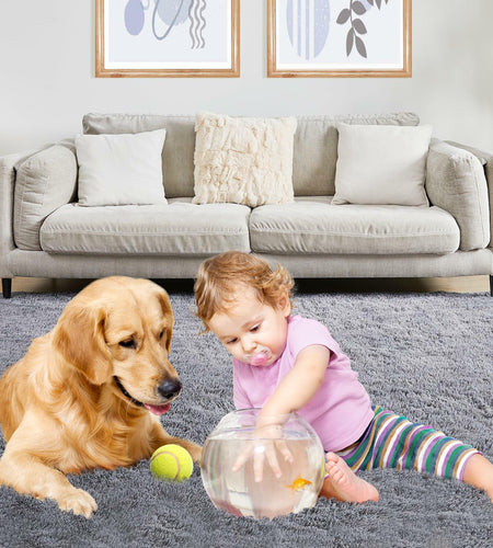 Puremy Grey Round Fluffy Rug 5ft Non-Slip Carpet for Kids Nursery Room