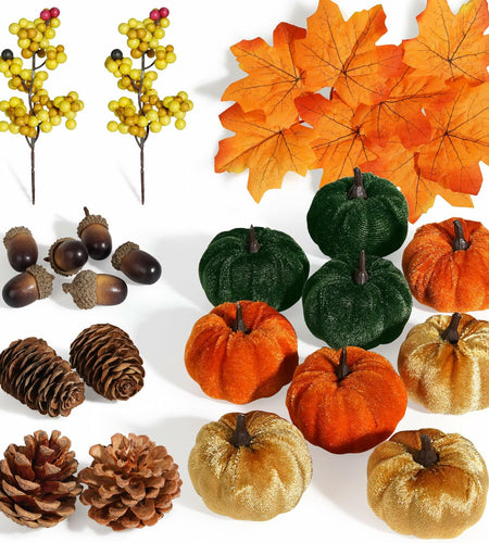 Artmag 25 PCS Fabric Pumpkins Set Fall Decor Maple Leaves Acorns Style 5