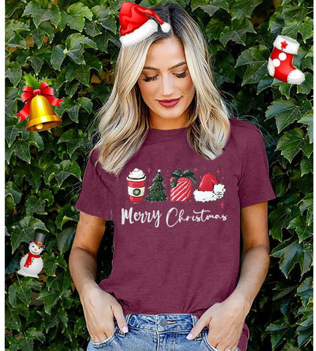 ZXCAHPT Christmas Shirt Women Merry Xmas Holiday Tee Coffee Tree Santa Size M