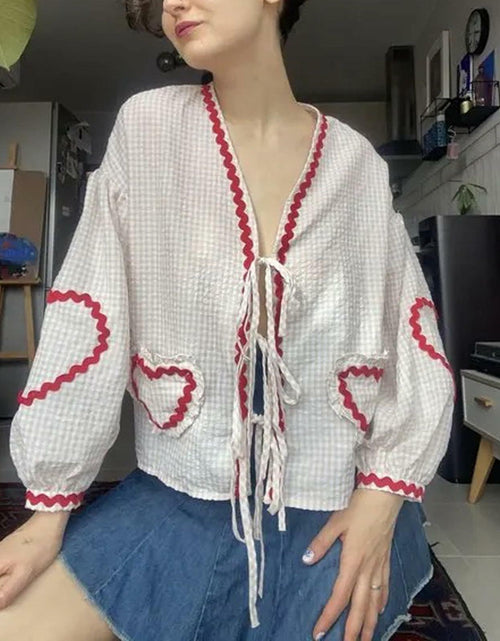 Load image into Gallery viewer, MANGMAO Gingham Babydoll Tie Front Puff Sleeve Top Khaki Size S
