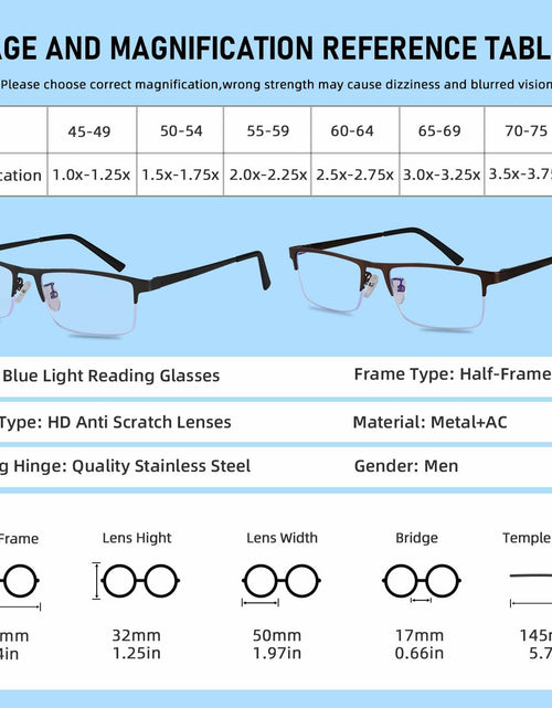 Load image into Gallery viewer, Anourney 3-Pack Men’s Reading Glasses +2.25 Metal Half Frame Blue Light
