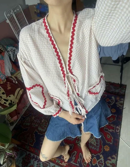Load image into Gallery viewer, MANGMAO Gingham Babydoll Tie Front Puff Sleeve Top Khaki Size S

