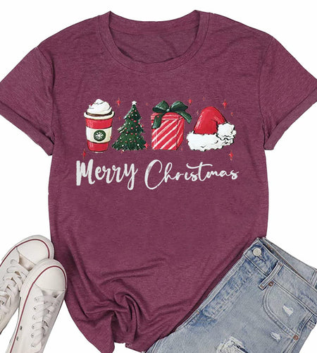 ZXCAHPT Christmas Shirt Women Merry Xmas Holiday Tee Coffee Tree Santa Size M