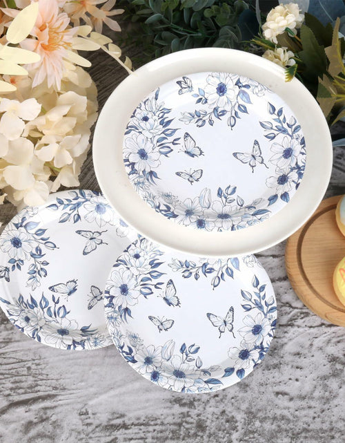 Load image into Gallery viewer, Pandecor 50 Blue White Floral Disposable Paper Plates 7in Butterfly Theme
